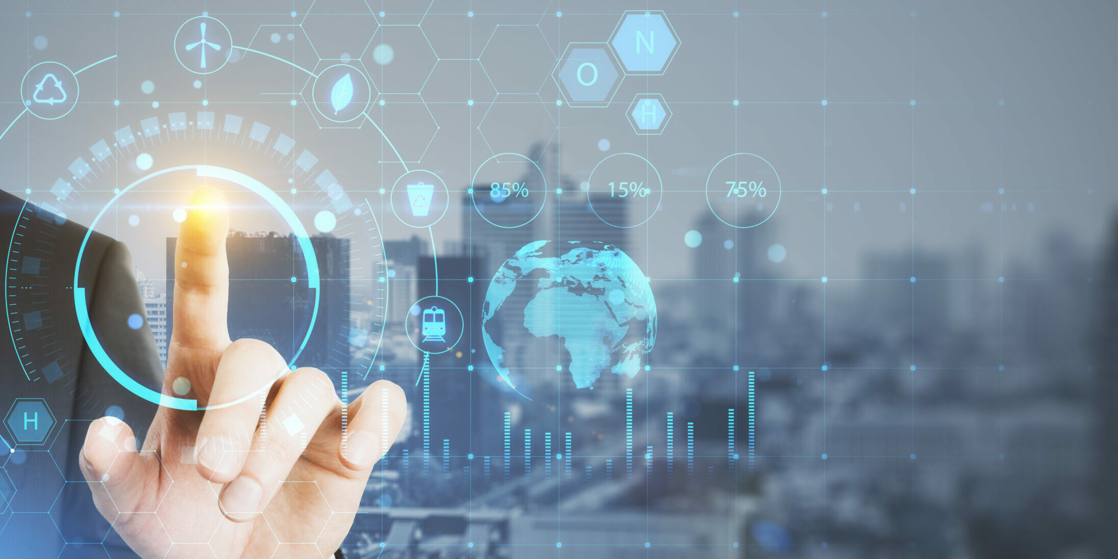 Close up of businessman hand pointing at creative glowing ECO HUD screen hologram on blurry city background with mock up place. Ecosystem and digital technology concept. Double exposure